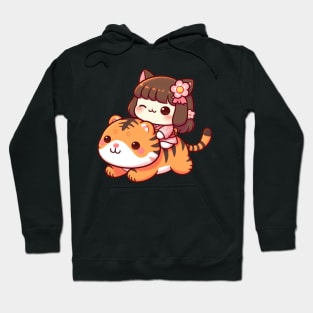 Cute Japanese Cat Riding on A Cute Tiger Hoodie